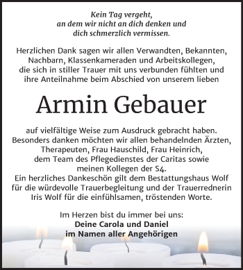 Traueranzeige von Armin Gebauer von Wochenspiegel Weißenfels