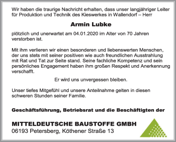 Traueranzeige von Armin Lubke von Mitteldeutsche Zeitung Merseburg/Querfurt