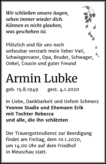 Traueranzeige von Armin Lubke von Mitteldeutsche Zeitung Merseburg/Querfurt