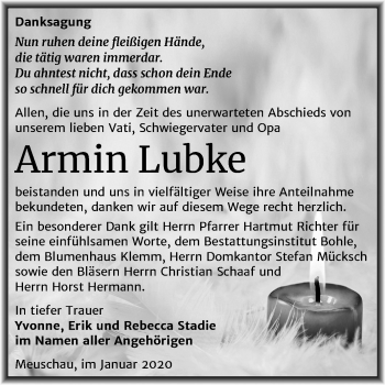 Traueranzeige von Armin Lubke von Wochenspiegel Merseburg/Querfurt
