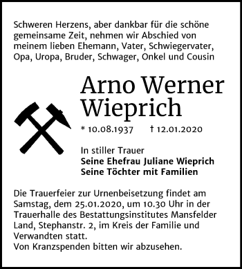 Traueranzeige von Arno Werner Wieprich von Mitteldeutsche Zeitung Mansfelder Land