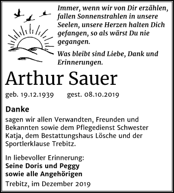 Traueranzeige von Arthur Sauer von Mitteldeutsche Zeitung Wittenberg
