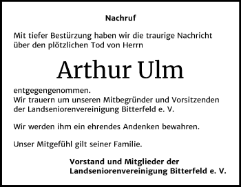 Traueranzeige von Arthur Ulm von Mitteldeutsche Zeitung Bitterfeld