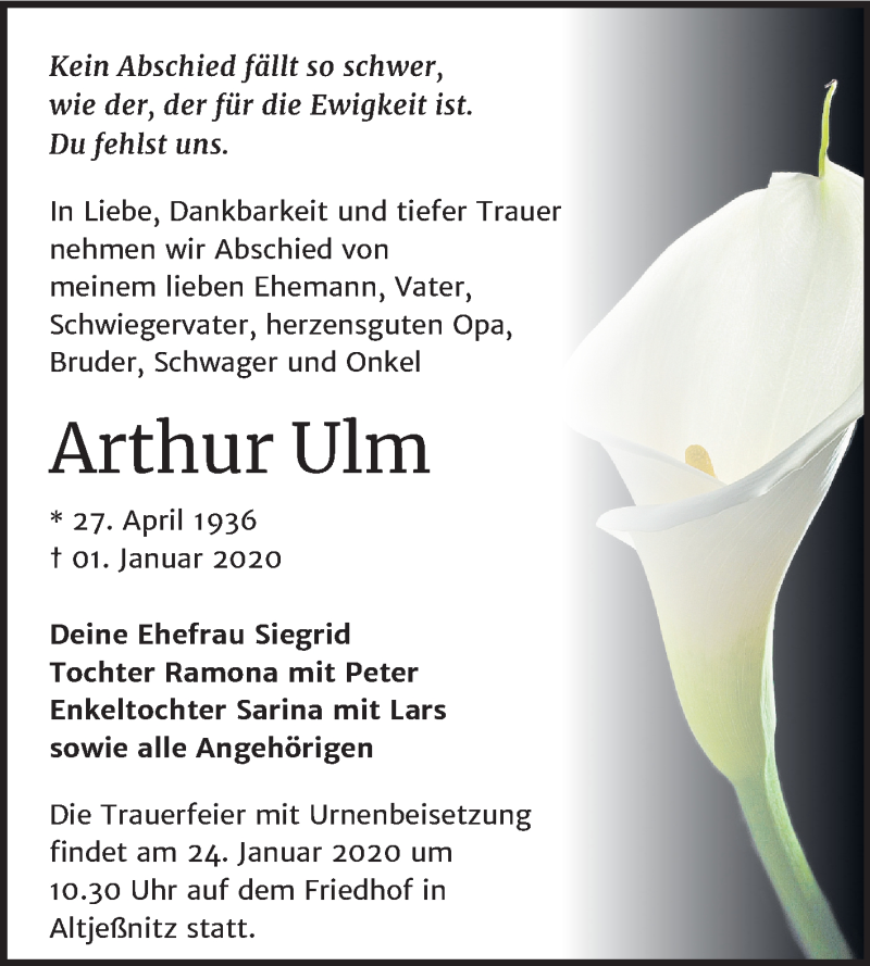  Traueranzeige für Arthur Ulm vom 16.01.2020 aus Mitteldeutsche Zeitung Bitterfeld