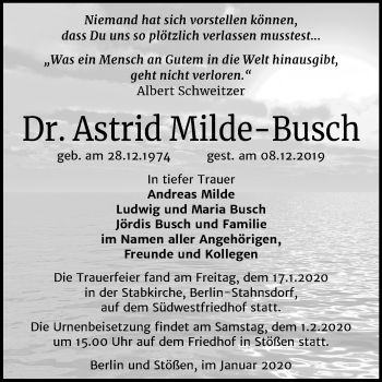 Traueranzeige von Astrid Milde-Busch von Wochenspiegel Naumburg/Nebra