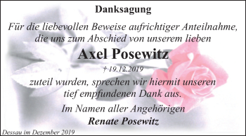 Traueranzeige von Axel Posewitz von Mitteldeutsche Zeitung Dessau-Roßlau