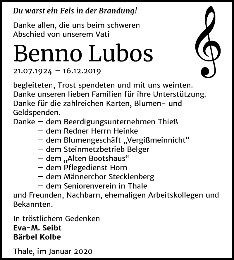  Traueranzeige für Benno Lubos vom 18.01.2020 aus Super Sonntag Quedlinburg