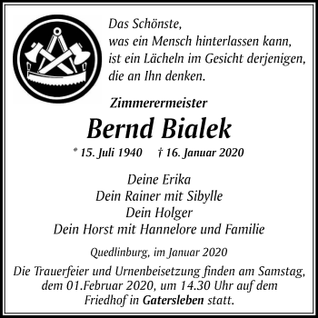 Traueranzeige von Bernd Bialek von Super Sonntag Aschersleben / Quedlinburg