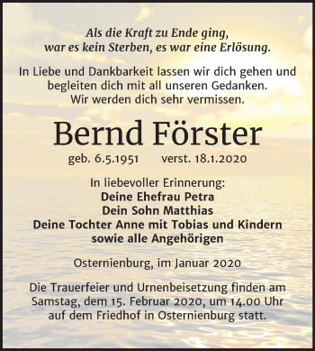Traueranzeige von Bernd Förster von Super Sonntag Köthen