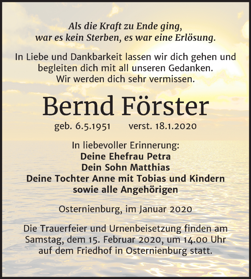  Traueranzeige für Bernd Förster vom 22.01.2020 aus Mitteldeutsche Zeitung Köthen