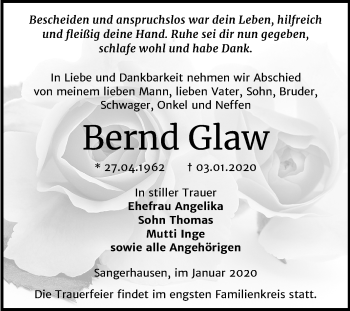 Traueranzeige von Bernd Glaw von Mitteldeutsche Zeitung Sangerhausen