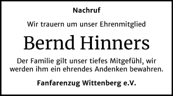 Traueranzeige von Bernd Hinners von Super Sonntag Wittenberg