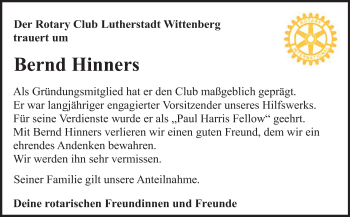Traueranzeige von Bernd Hinners von Mitteldeutsche Zeitung Wittenberg
