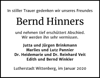 Traueranzeige von Bernd Hinners von Super Sonntag Wittenberg