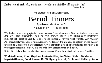 Traueranzeige von Bernd Hinners von Super Sonntag Wittenberg