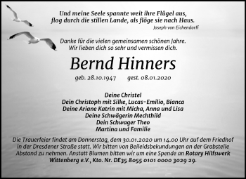 Traueranzeige von Bernd Hinners von Mitteldeutsche Zeitung Wittenberg