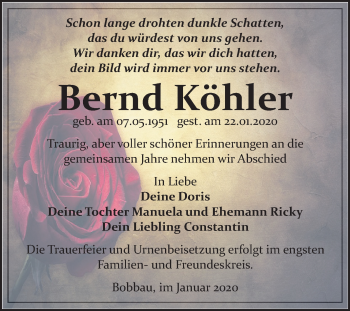 Traueranzeige von Bernd Köhler von Wochenspiegel Bitterfeld