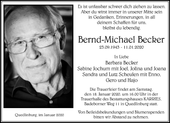 Traueranzeige von Bernd-Michael Becker von Wochenspiegel Quedlinburg