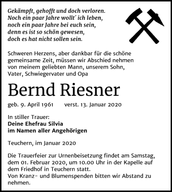 Traueranzeige von Bernd Riesner von Wochenspiegel Weißenfels