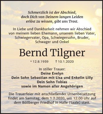 Traueranzeige von Bernd Tilgner von Mitteldeutsche Zeitung Halle/Saalkreis