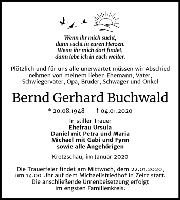 Traueranzeige von Bernd Gerhard Buchwald von Super Sonntag Zeitz