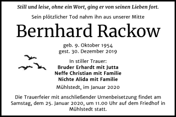 Traueranzeige von Bernhard Rackow von Super Sonntag Dessau-Roßlau