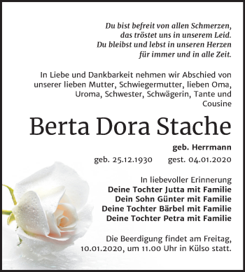 Traueranzeige von Berta Dora Stache von Mitteldeutsche Zeitung Wittenberg