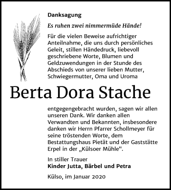 Traueranzeige von Berta Dora Stache von Mitteldeutsche Zeitung Wittenberg