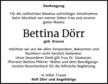 Traueranzeige von Bettina Dörr von Mitteldeutsche Zeitung Naumburg/Nebra
