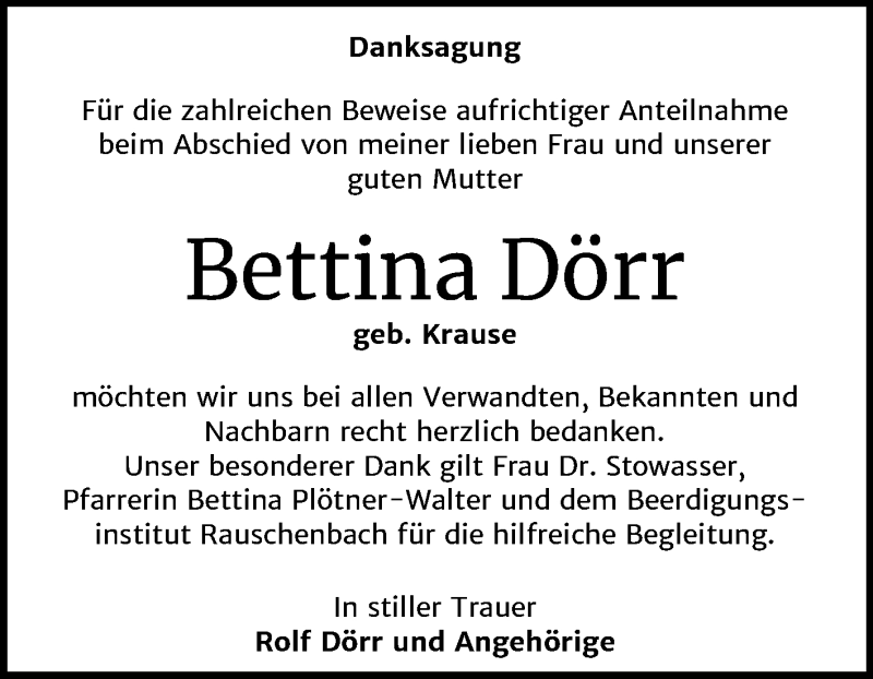  Traueranzeige für Bettina Dörr vom 18.01.2020 aus Mitteldeutsche Zeitung Naumburg/Nebra