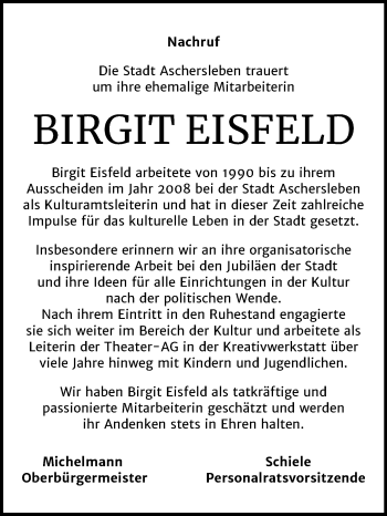 Traueranzeige von Birgit Eisfeld von Wochenspiegel Aschersleben