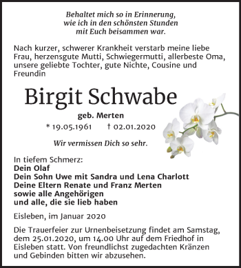 Traueranzeige von Birgit Schwabe von Mitteldeutsche Zeitung Mansfelder Land
