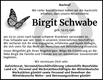Traueranzeige von Birgit Schwabe von Mitteldeutsche Zeitung Mansfelder Land