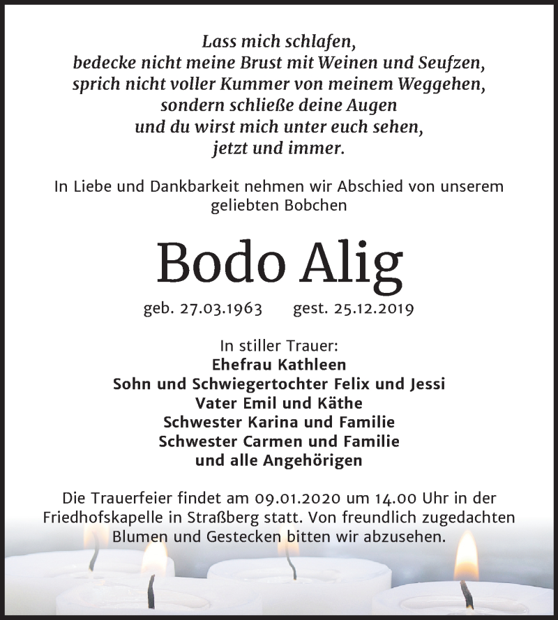  Traueranzeige für Bodo Alig vom 04.01.2020 aus Super Sonntag Quedlinburg