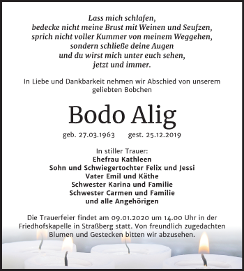 Traueranzeige von Bodo Alig von Mitteldeutsche Zeitung Quedlinburg