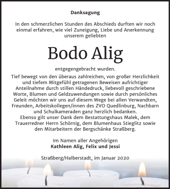 Traueranzeige von Bodo Alig von Super Sonntag Quedlinburg