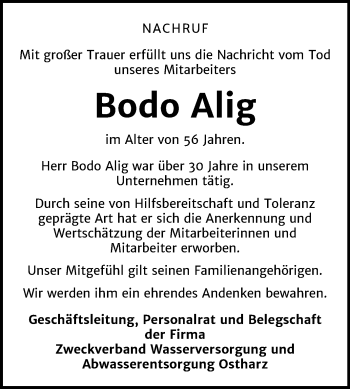 Traueranzeige von Bodo Alig von Mitteldeutsche Zeitung Quedlinburg