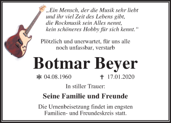 Traueranzeige von Botmar Beyer von Super Sonntag Wittenberg