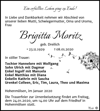 Traueranzeige von Brigitta Moritz von Wochenspiegel Weißenfels