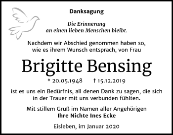 Traueranzeige von Brigitte Bensing von Mitteldeutsche Zeitung Mansfelder Land