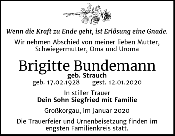 Traueranzeige von Brigitte Bundemann von Mitteldeutsche Zeitung Wittenberg