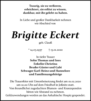 Traueranzeige von Brigitte Eckert von Mitteldeutsche Zeitung Bitterfeld
