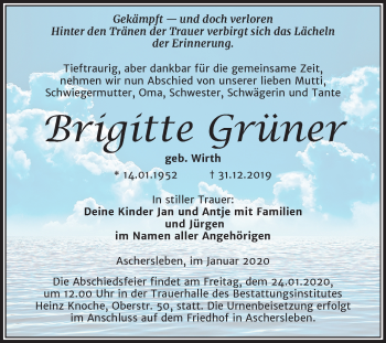 Traueranzeige von Brigitte Grüner von Mitteldeutsche Zeitung Aschersleben