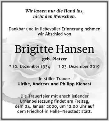 Traueranzeige von Brigitte Hansen von Mitteldeutsche Zeitung Halle/Saalkreis