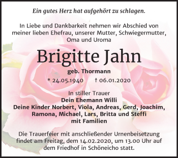 Traueranzeige von Brigitte Jahn von Mitteldeutsche Zeitung Wittenberg