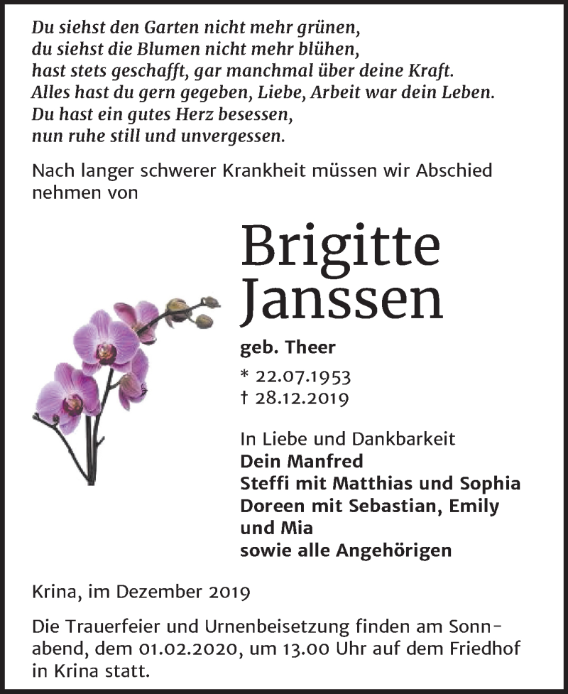 Traueranzeigen Von Brigitte Janssen Www Abschied Nehmen De