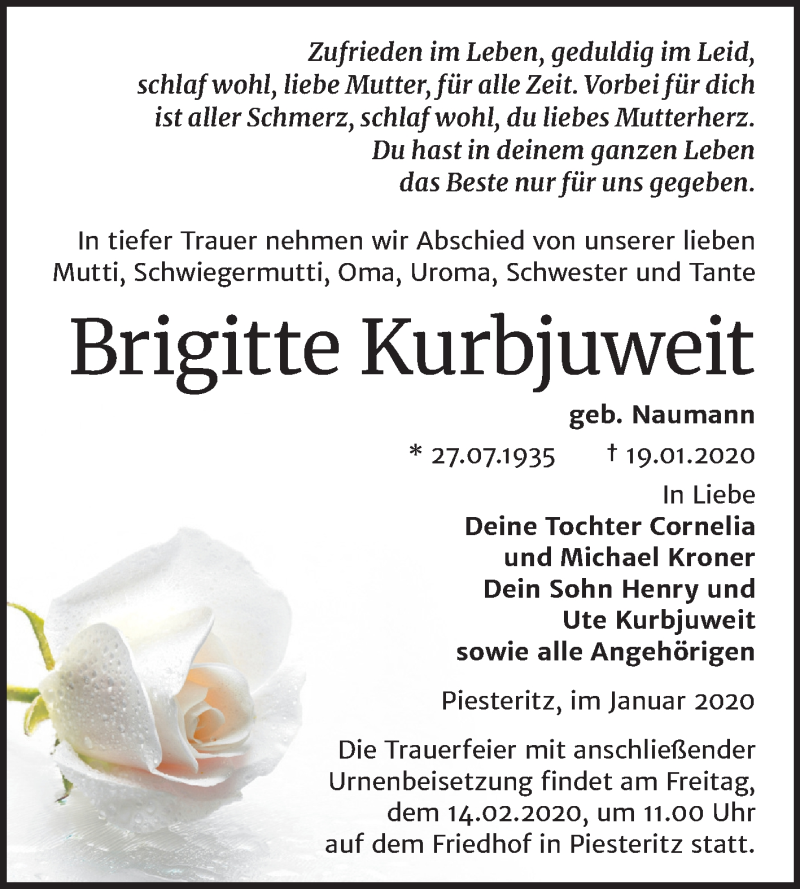  Traueranzeige für Brigitte Kurbjuweit vom 25.01.2020 aus Mitteldeutsche Zeitung Wittenberg