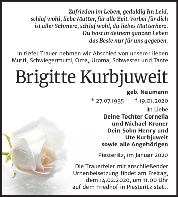 Traueranzeige von Brigitte Kurbjuweit von Mitteldeutsche Zeitung Wittenberg