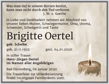 Traueranzeige von Brigitte Oertel von Mitteldeutsche Zeitung Merseburg/Querfurt