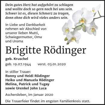 Traueranzeige von Brigitte Rödinger von Super Sonntag Aschersleben